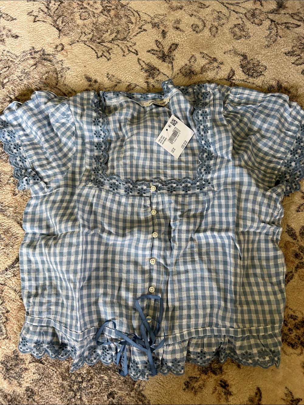 NWT! American Eagle Outfitters Light Blue Gingham Lace-Trim Blouse
